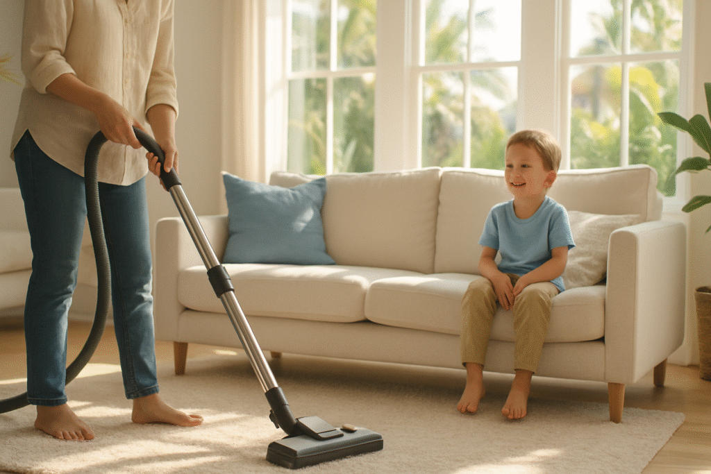 HEPA vacuum used during allergy cleaning Tampa home session with child breathing easily in bright Florida living room