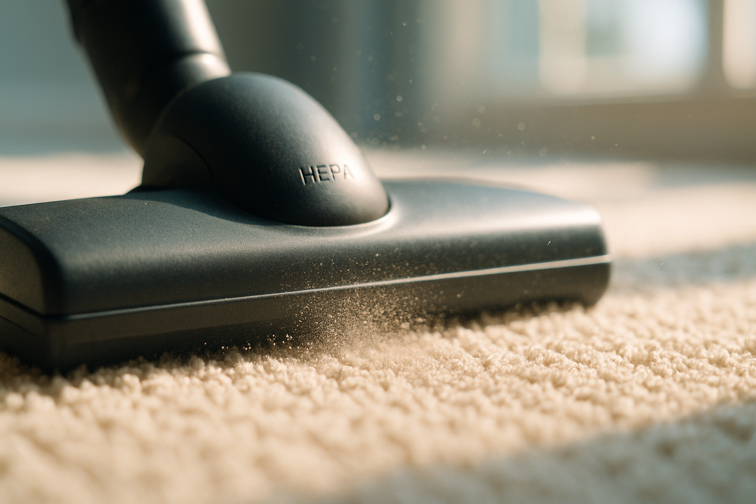 Close-up of a HEPA vacuum head capturing dust particles from carpet fibers during an allergen-removal cleaning session
