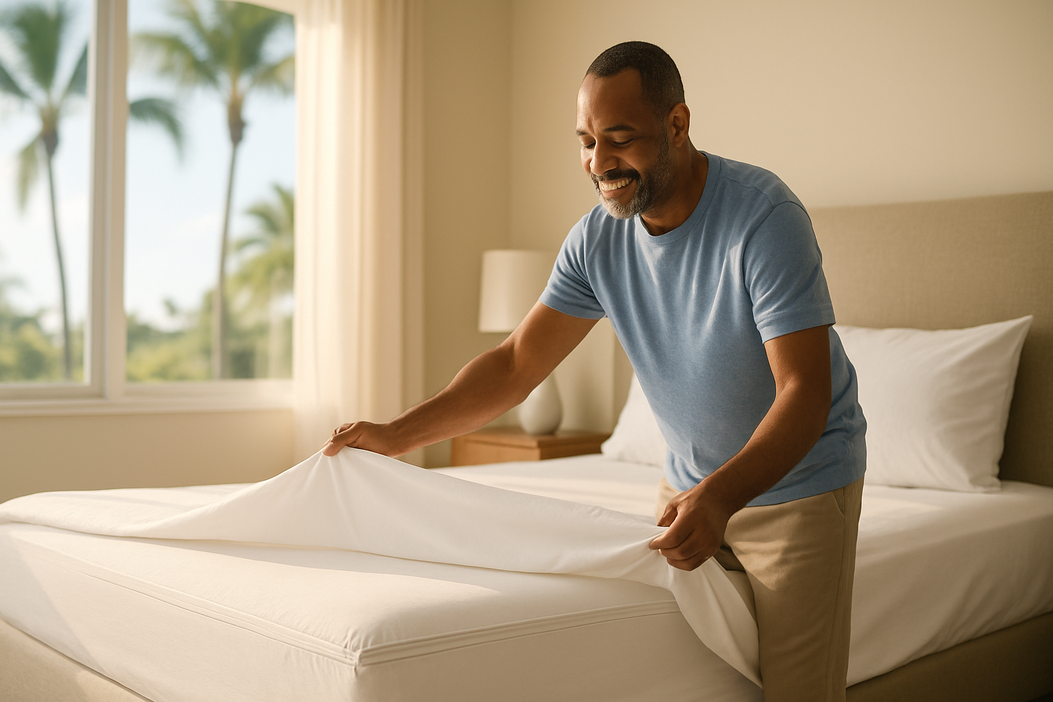 Tampa homeowner fitting allergen-proof mattress encasements on a bed to reduce dust mite exposure in a sunny Florida bedroom