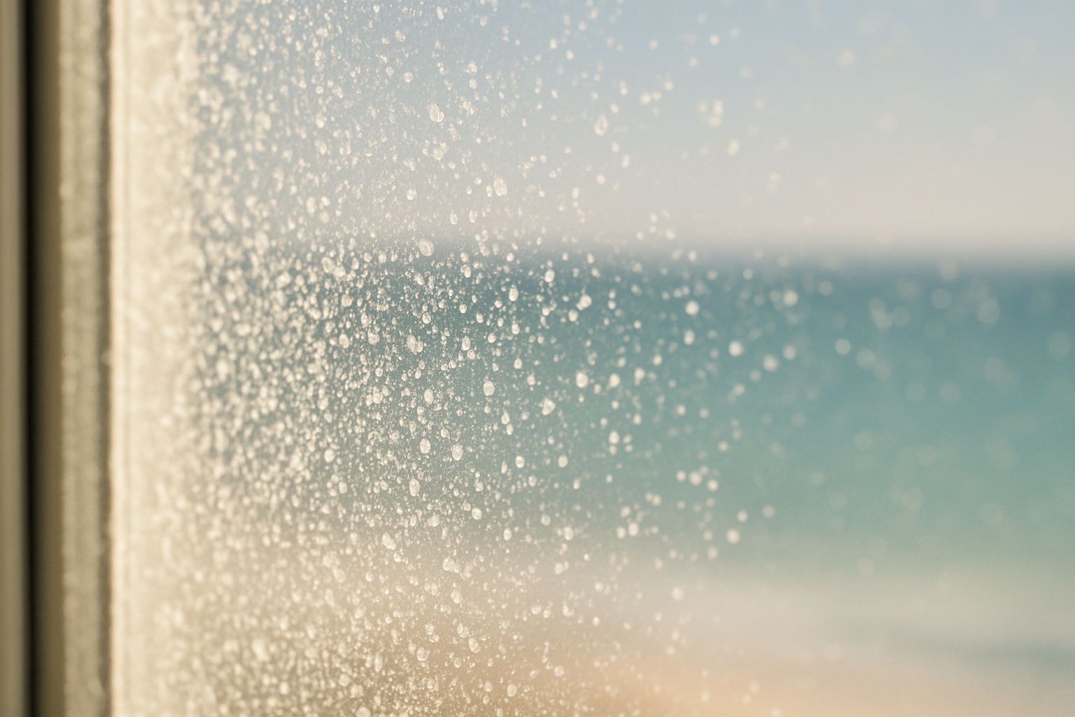 Close-up of salt film buildup on a beach home window near Tampa Bay, a common issue requiring specialized coastal cleaning