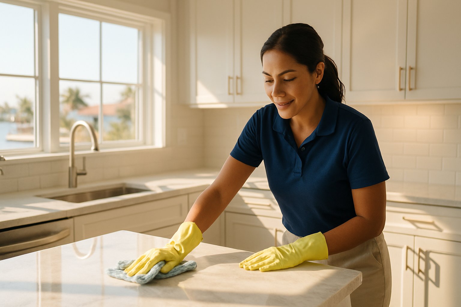 FG7 Cleaning professional cleaning a bright coastal kitchen in a Tampa Bay area home, delivering spotless results for Clearwater homeowners