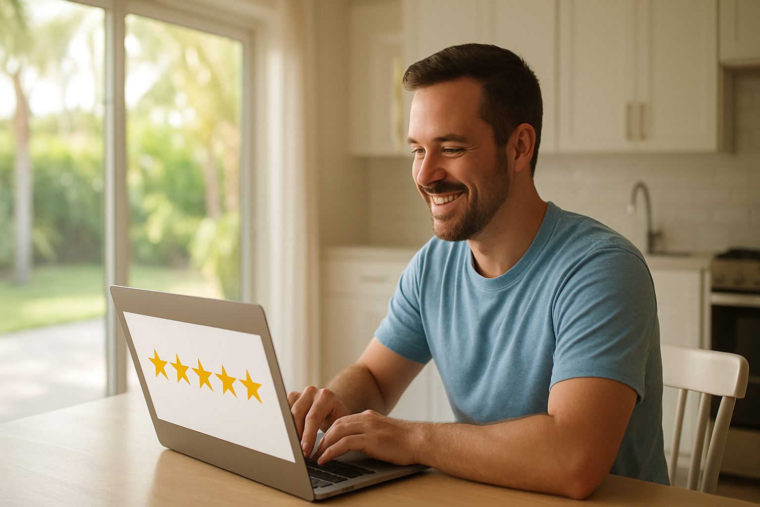 Tampa Airbnb host smiling at laptop reviewing five-star guest review — Airbnb hosting cleaning Tampa success story