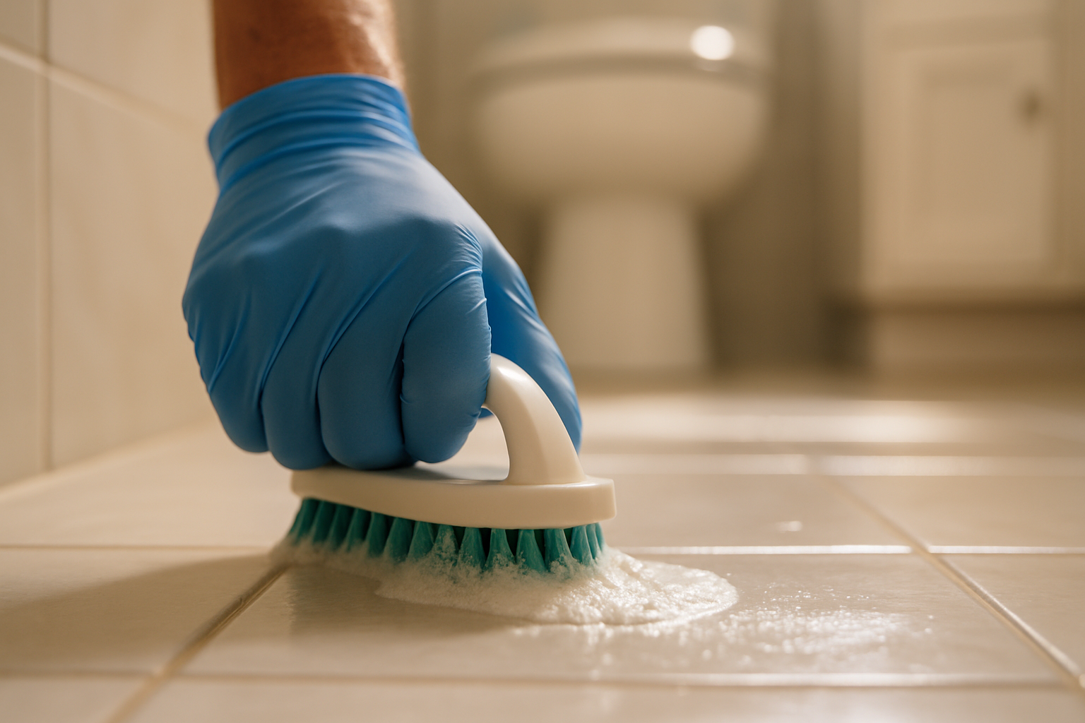 Close-up of professional cleaner scrubbing bathroom grout in a Tampa Airbnb rental, tackling Florida humidity and mold risk