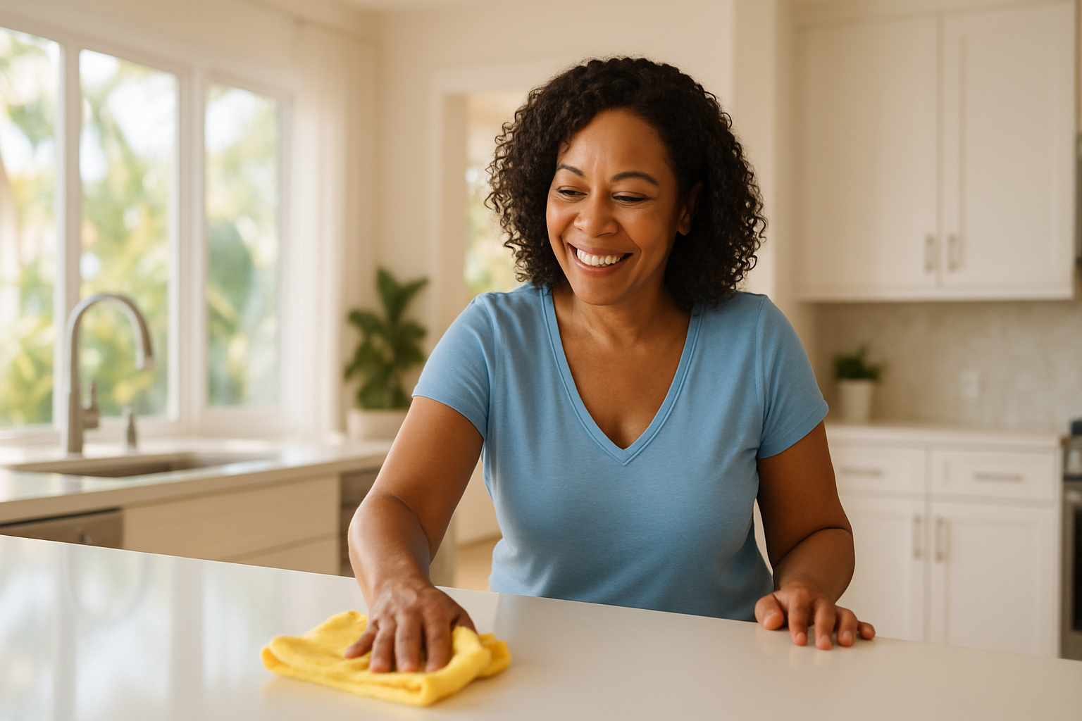 Tampa homeowner doing a 15-minute microfiber cleaning routine in a bright Florida kitchen — home maintenance Tampa tips by FG7 Cleaning.