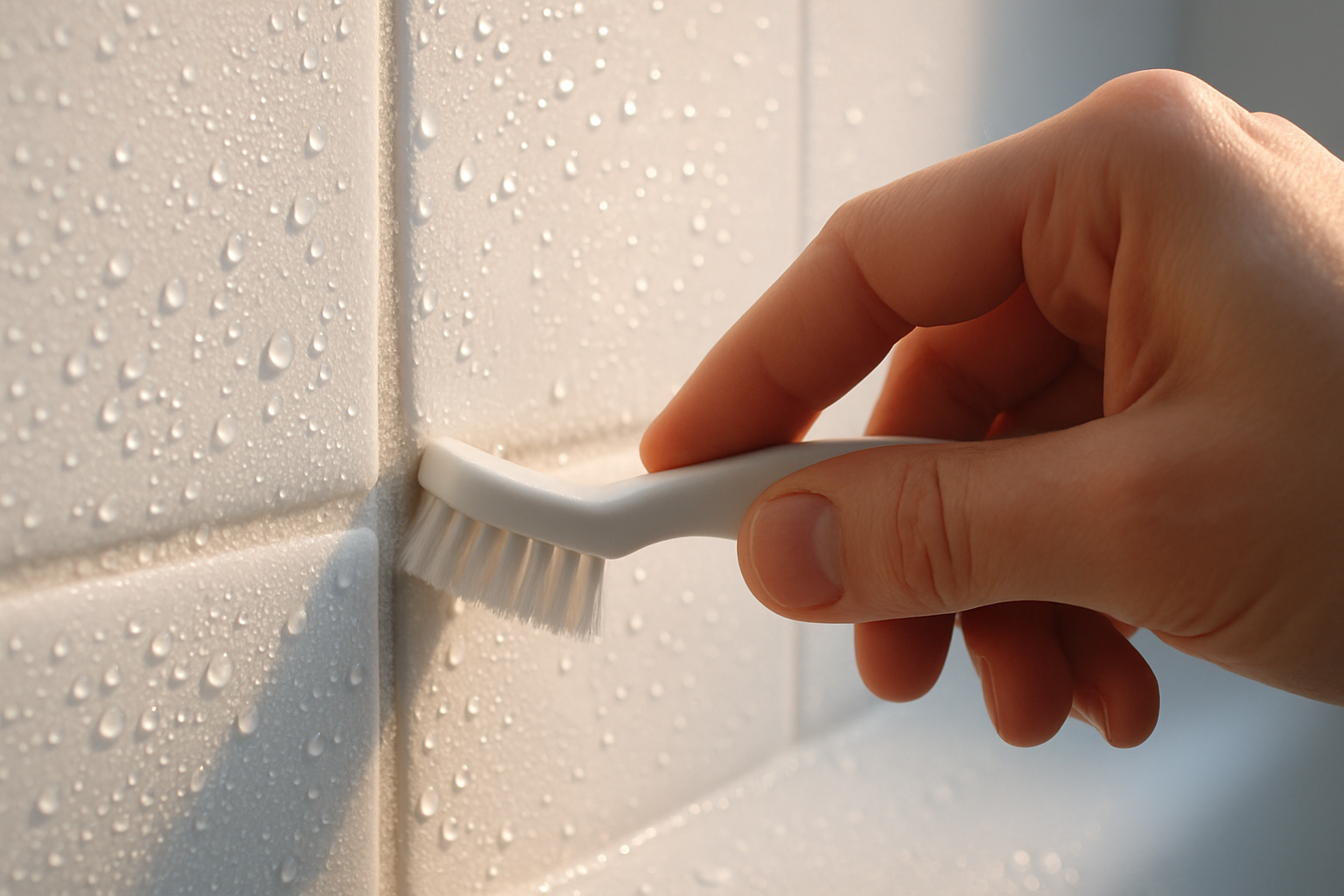 Close-up of bathroom tile grout being scrubbed to fight humidity and mold in a Tampa home between professional cleanings.