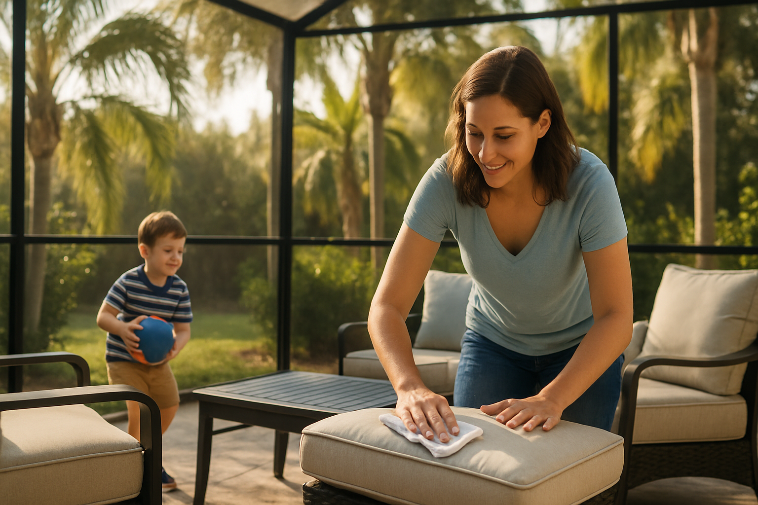 Tampa Bay family maintaining a clean screened lanai with outdoor furniture wipe-down on a sunny Florida afternoon.
