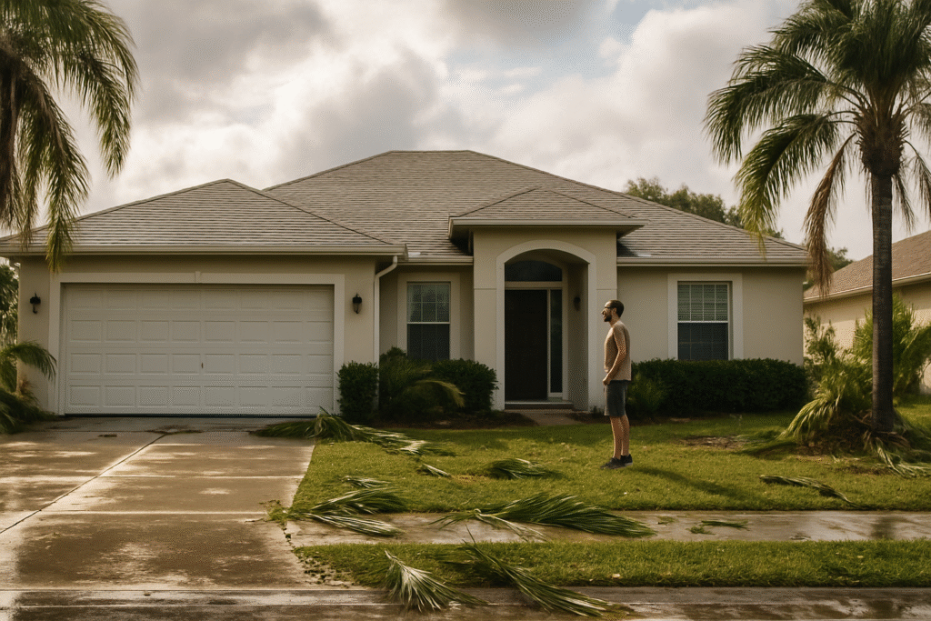 Tampa homeowner assessing exterior storm damage after tropical storm cleanup Tampa — wet driveway and scattered palm debris