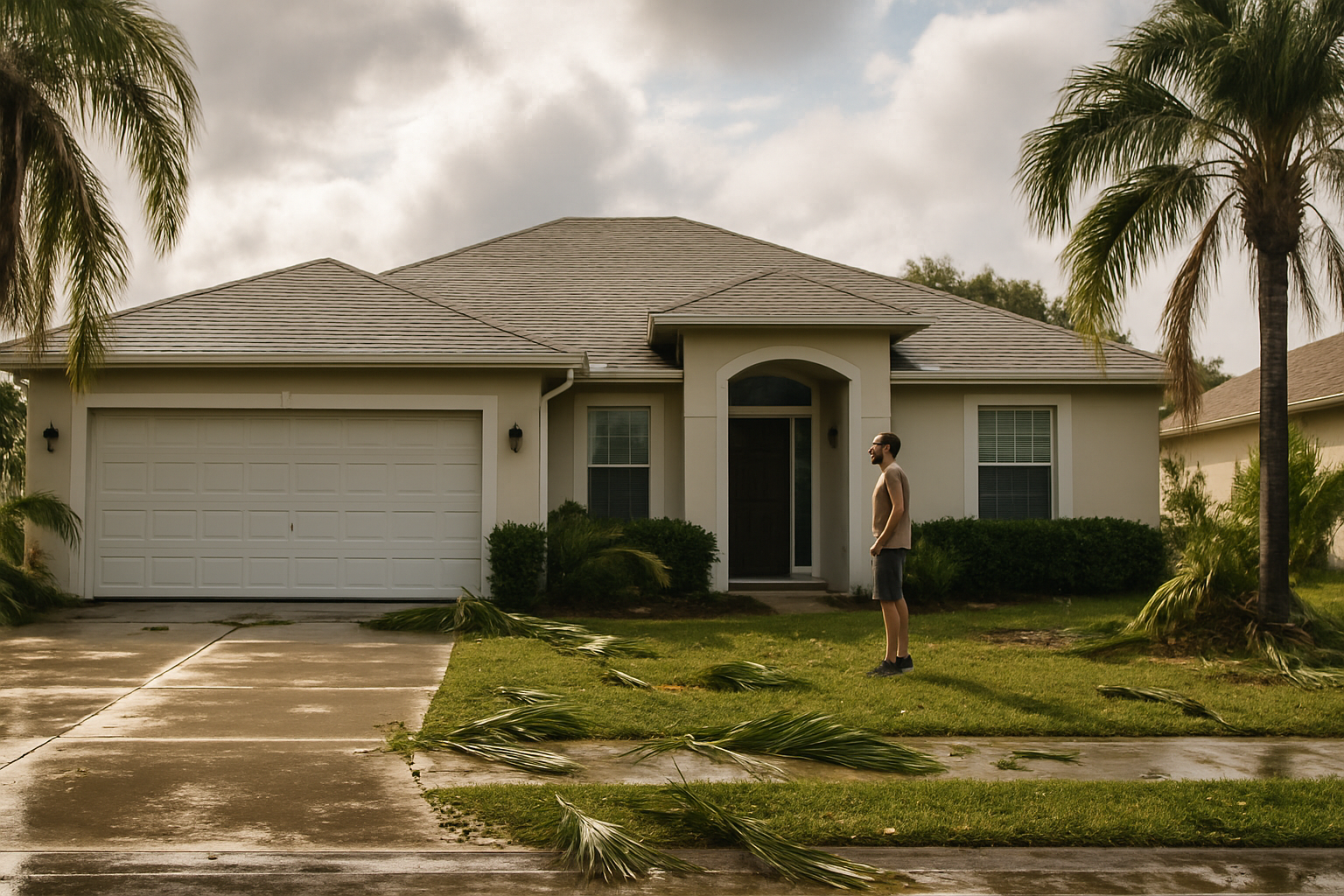 Tampa homeowner assessing exterior storm damage after tropical storm cleanup Tampa — wet driveway and scattered palm debris