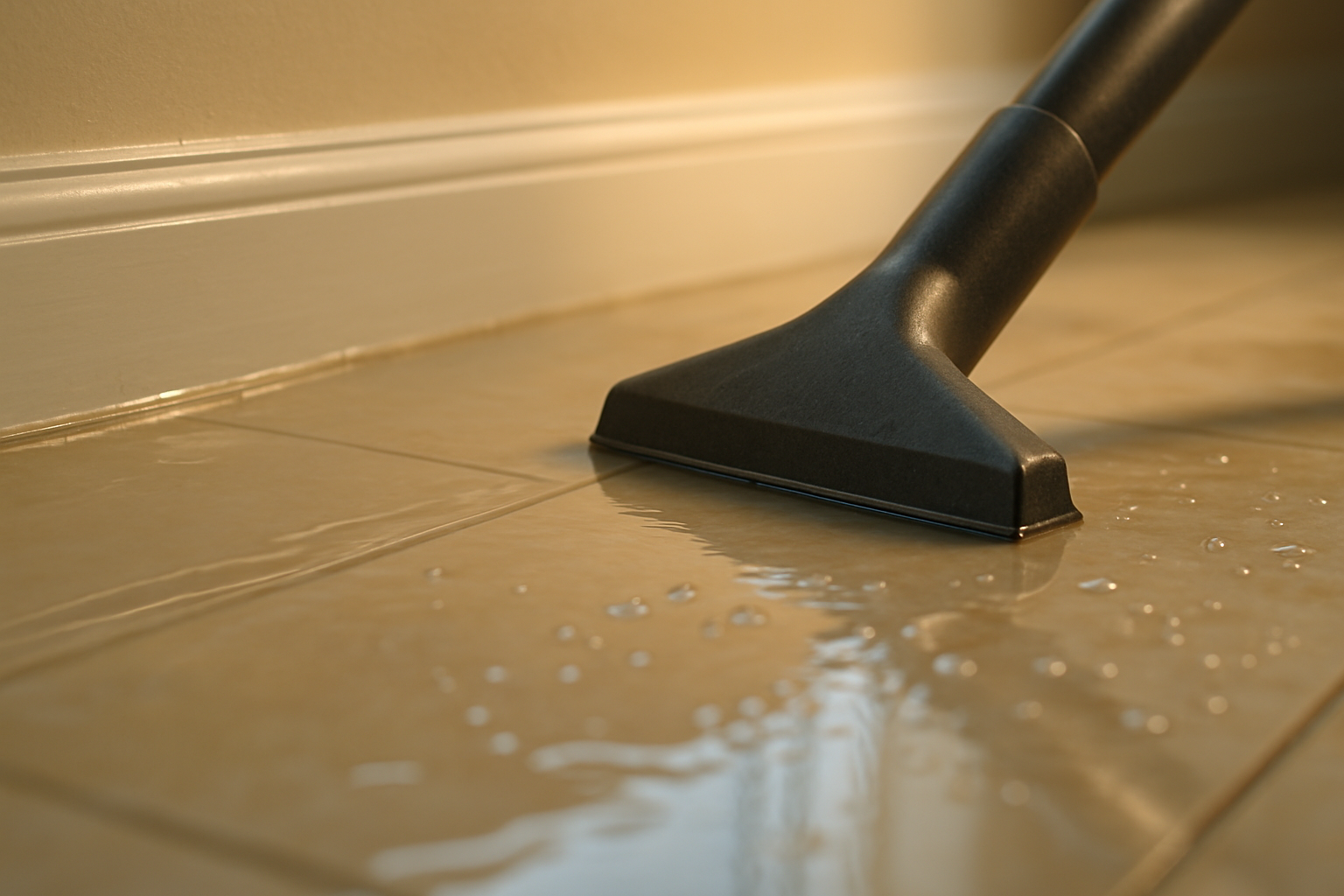 Close-up of storm water intrusion along a Tampa home baseboard being extracted with a wet-dry vacuum after indoor flooding