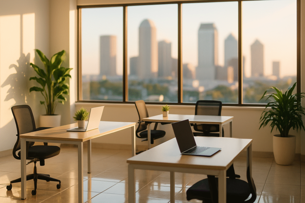 Modern small Tampa office freshly cleaned with polished floors and tidy desks, showcasing professional office cleaning Tampa results