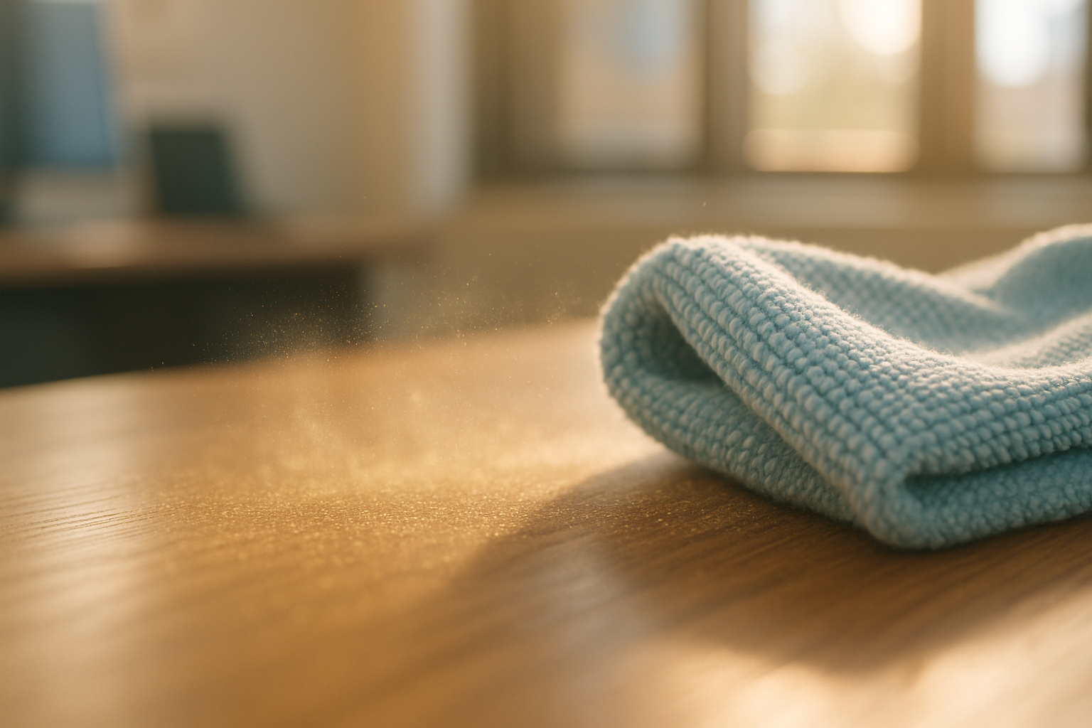 Close-up of a microfiber cloth removing pollen and dust from an office desk surface during a Tampa office cleaning session