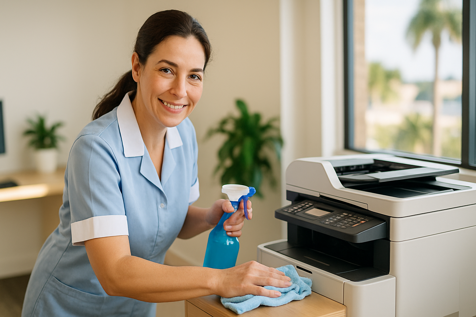 Professional cleaner wiping down office equipment in a bright Tampa Bay small business workspace