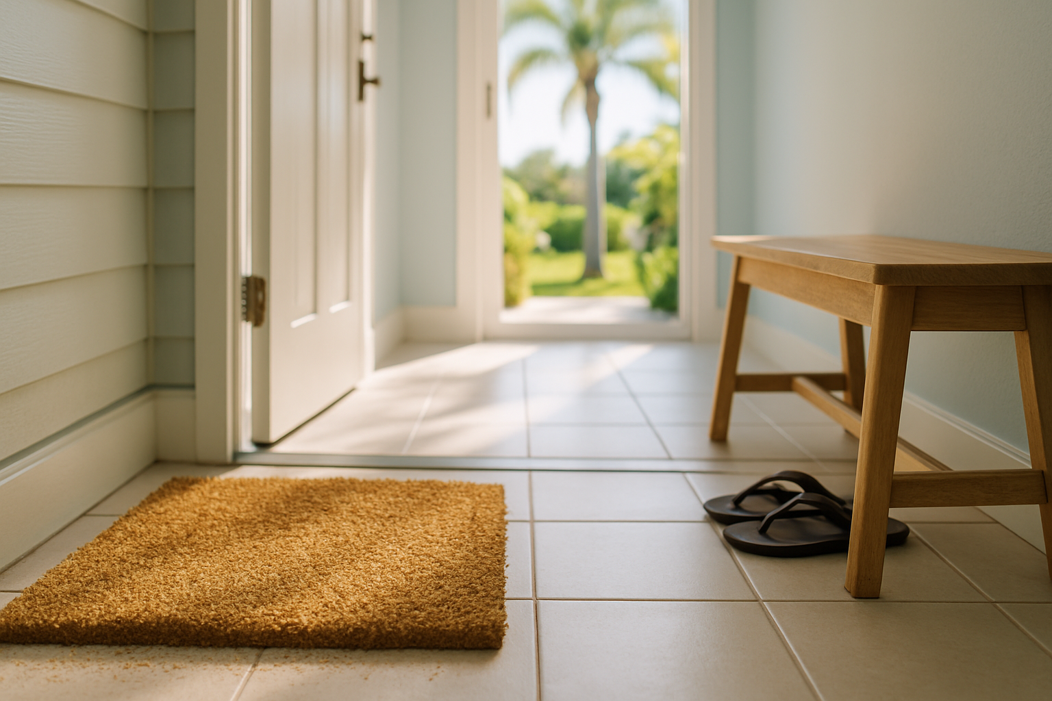 Tampa beach home entryway with coconut coir sand-trap doormat and clean tiled interior — beach home cleaning Tampa Bay