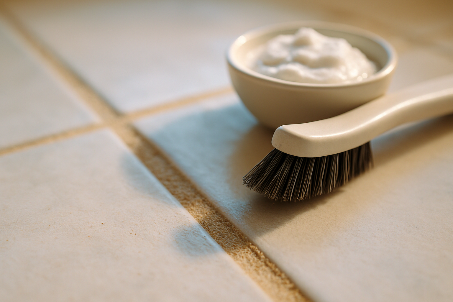 Close-up of sandy tile grout lines in a Tampa home being scrubbed with a bristle brush as part of a deep floor-cleaning routine