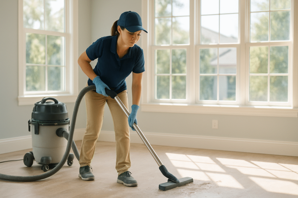 Professional post-construction cleaning in Tampa home — cleaner removing fine drywall dust with HEPA vacuum after renovation