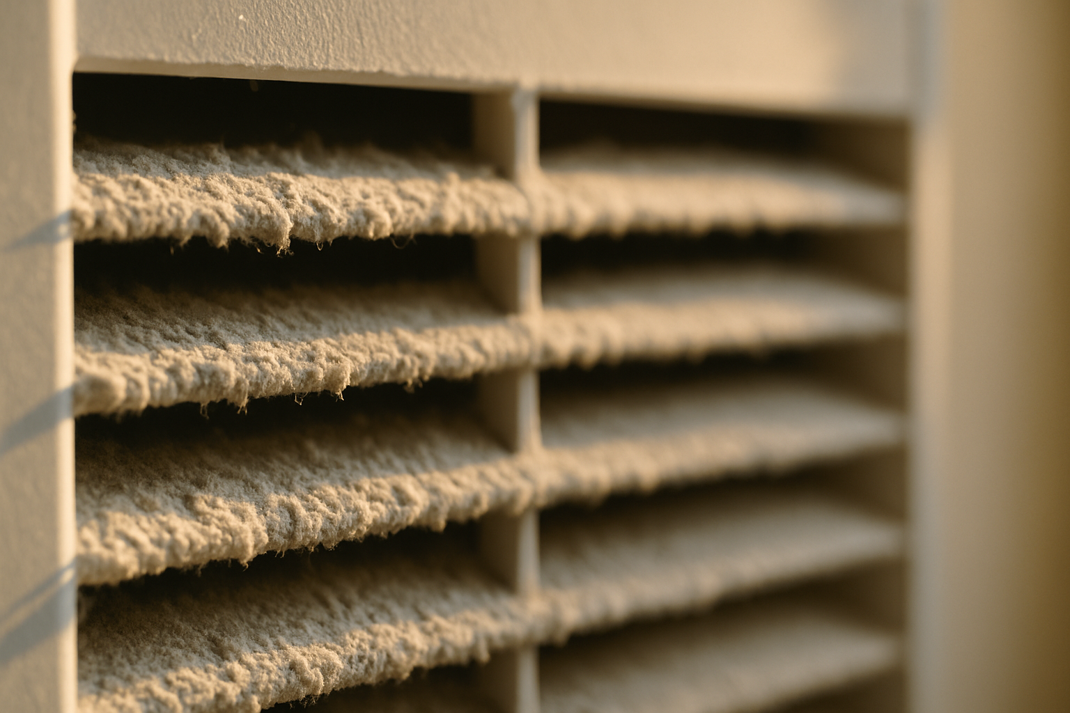 Close-up of fine construction dust packed into an HVAC vent grille in a Tampa home after a renovation project