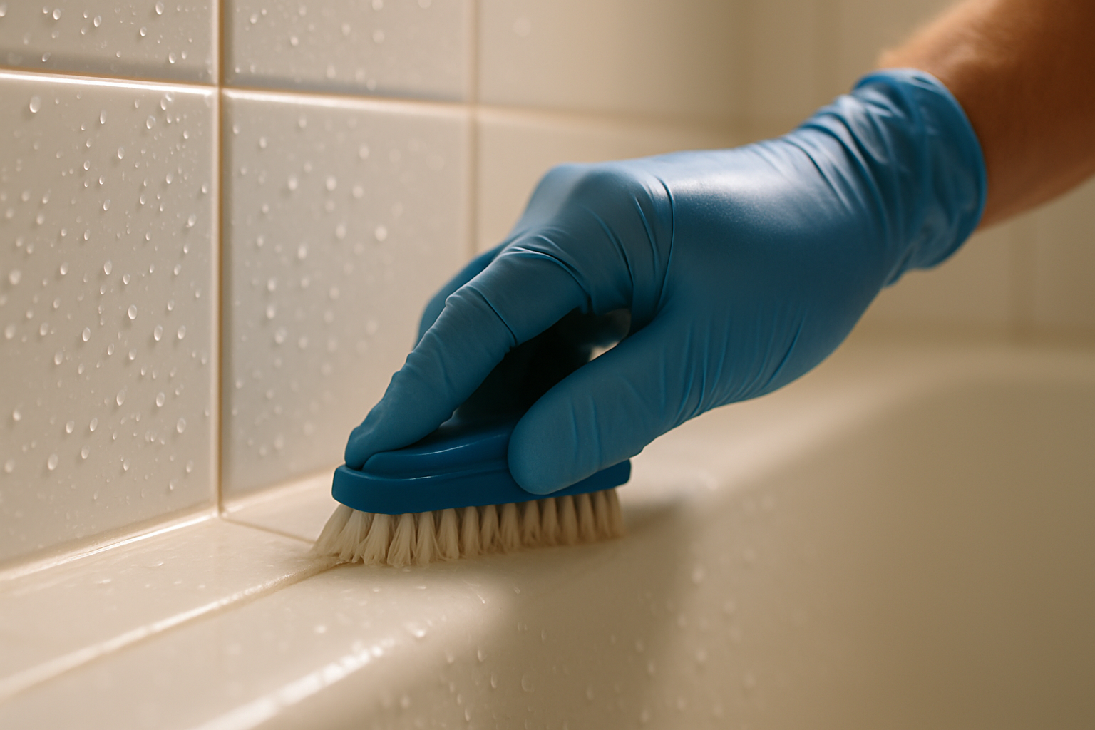 Close-up of a professional cleaner scrubbing tile grout in a Tampa bathroom during a detailed house cleaning service