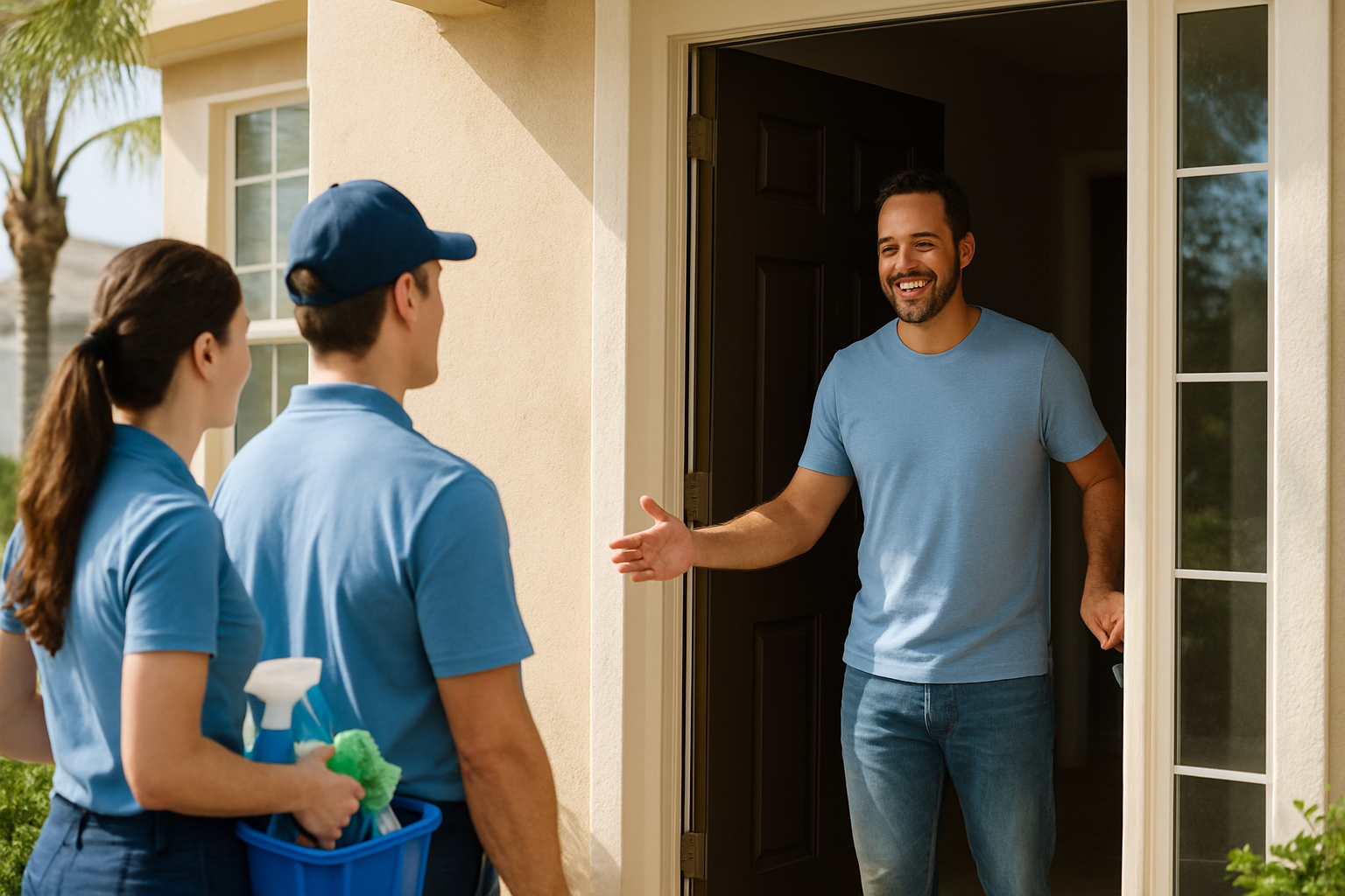 Tampa homeowner greeting a professional cleaning team at the front door of a sunny Florida suburban home
