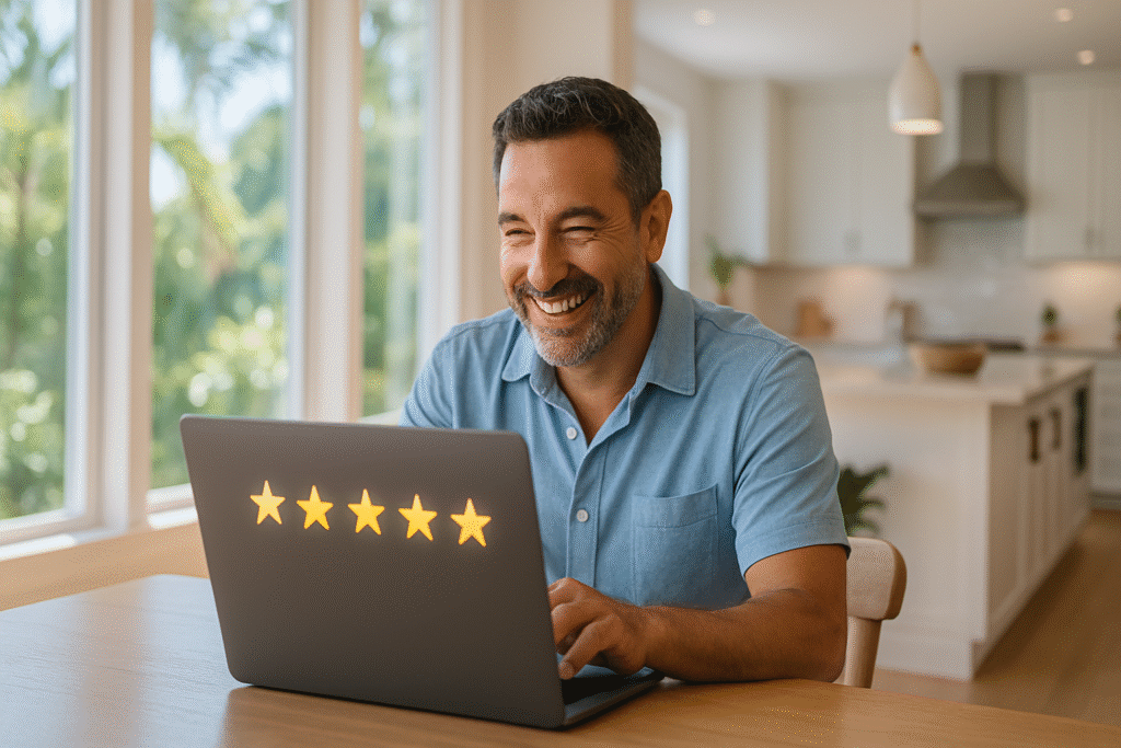 Tampa Airbnb host smiling at 5-star review on laptop — Airbnb hosting cleaning Tampa by FG7 Cleaning.