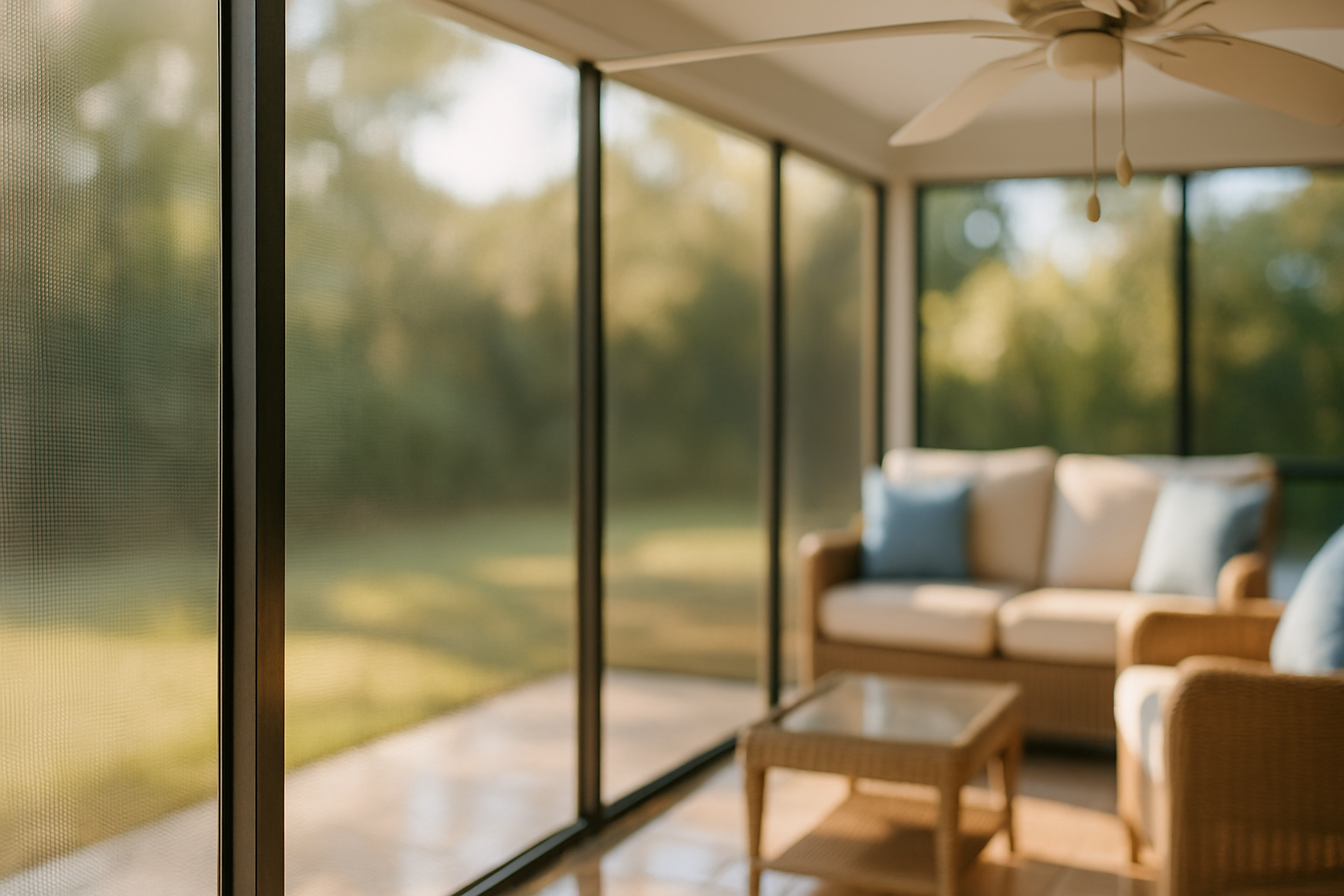 Close-up of a freshly cleaned Tampa Airbnb lanai screen porch with gleaming panels and polished tile floor after professional cleaning.