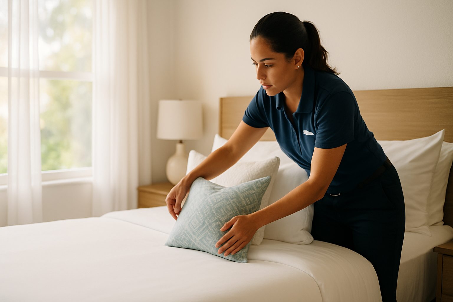 Professional cleaner staging crisp hotel-style linens on a bed in a Tampa Airbnb rental during peak summer season.