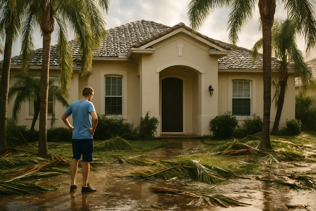 Tampa homeowner assessing tropical storm cleanup damage outside a stucco Florida home surrounded by fallen palm fronds