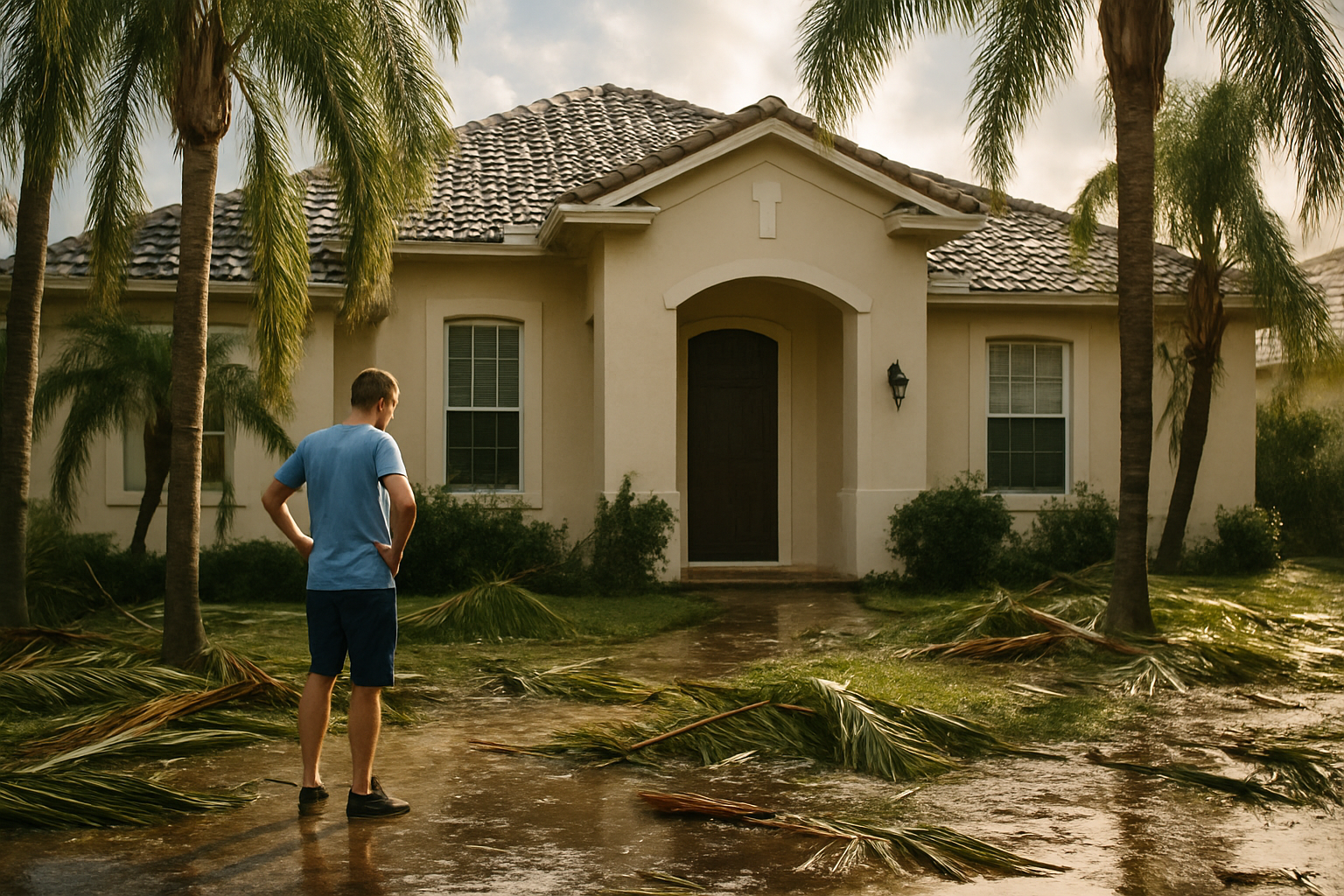 Tampa homeowner assessing tropical storm cleanup damage outside a stucco Florida home surrounded by fallen palm fronds