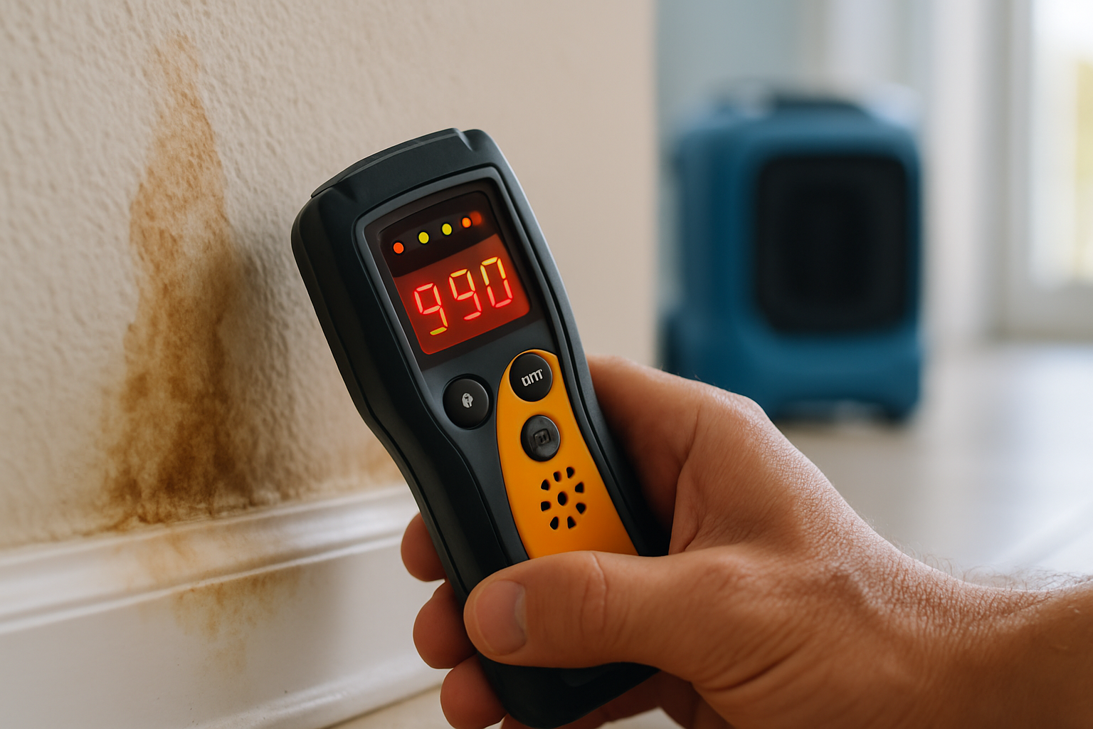 Close-up of wet drywall baseboard with moisture meter during post-storm water intrusion cleanup in a Tampa home