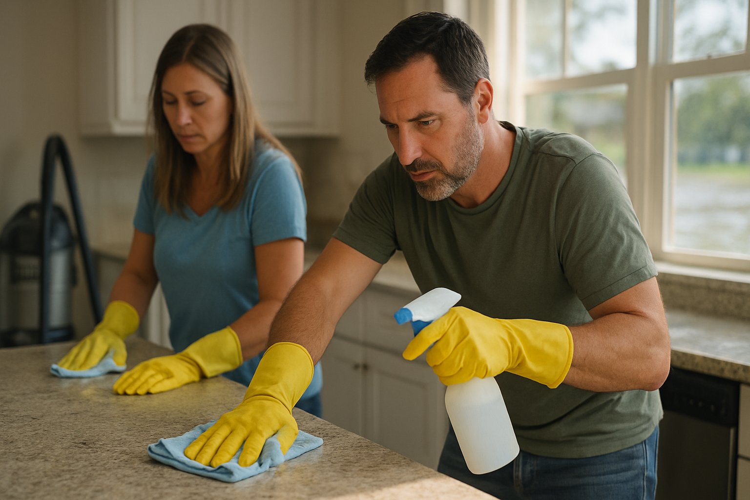 Tampa homeowners in gloves disinfecting kitchen surfaces during interior deep clean after a tropical storm