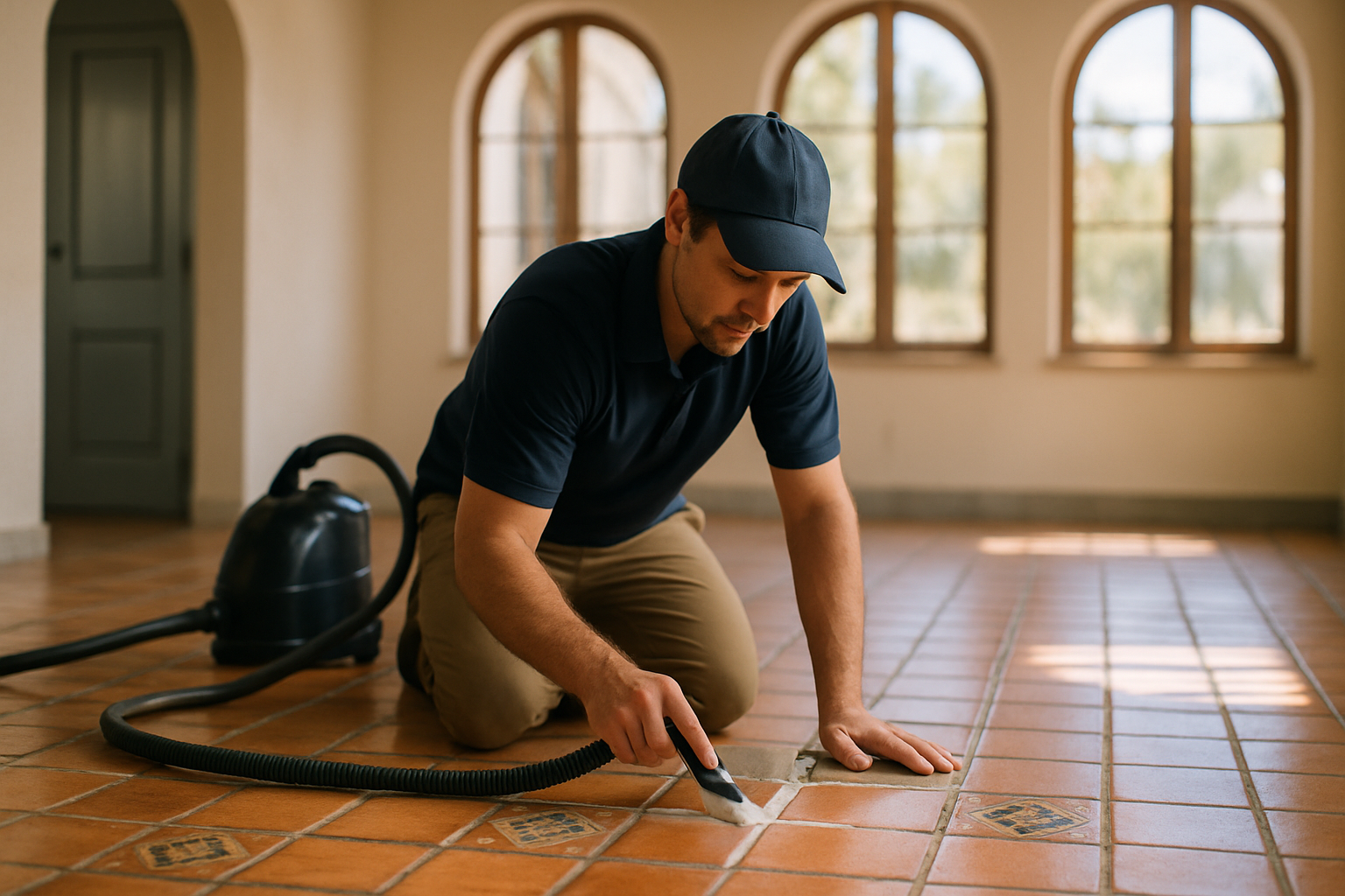 Professional deep tile floor cleaning Tampa home with Spanish-style Saltillo terracotta and restored bright grout lines