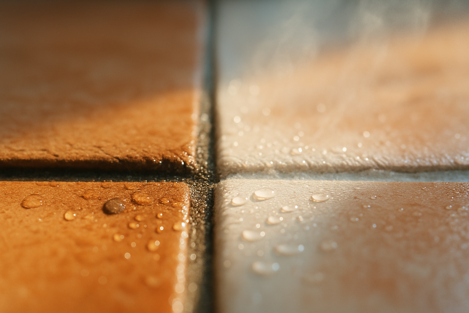 Close-up of Spanish-style tile grout lines before and after deep cleaning, showing dramatic stain removal on Tampa home flooring