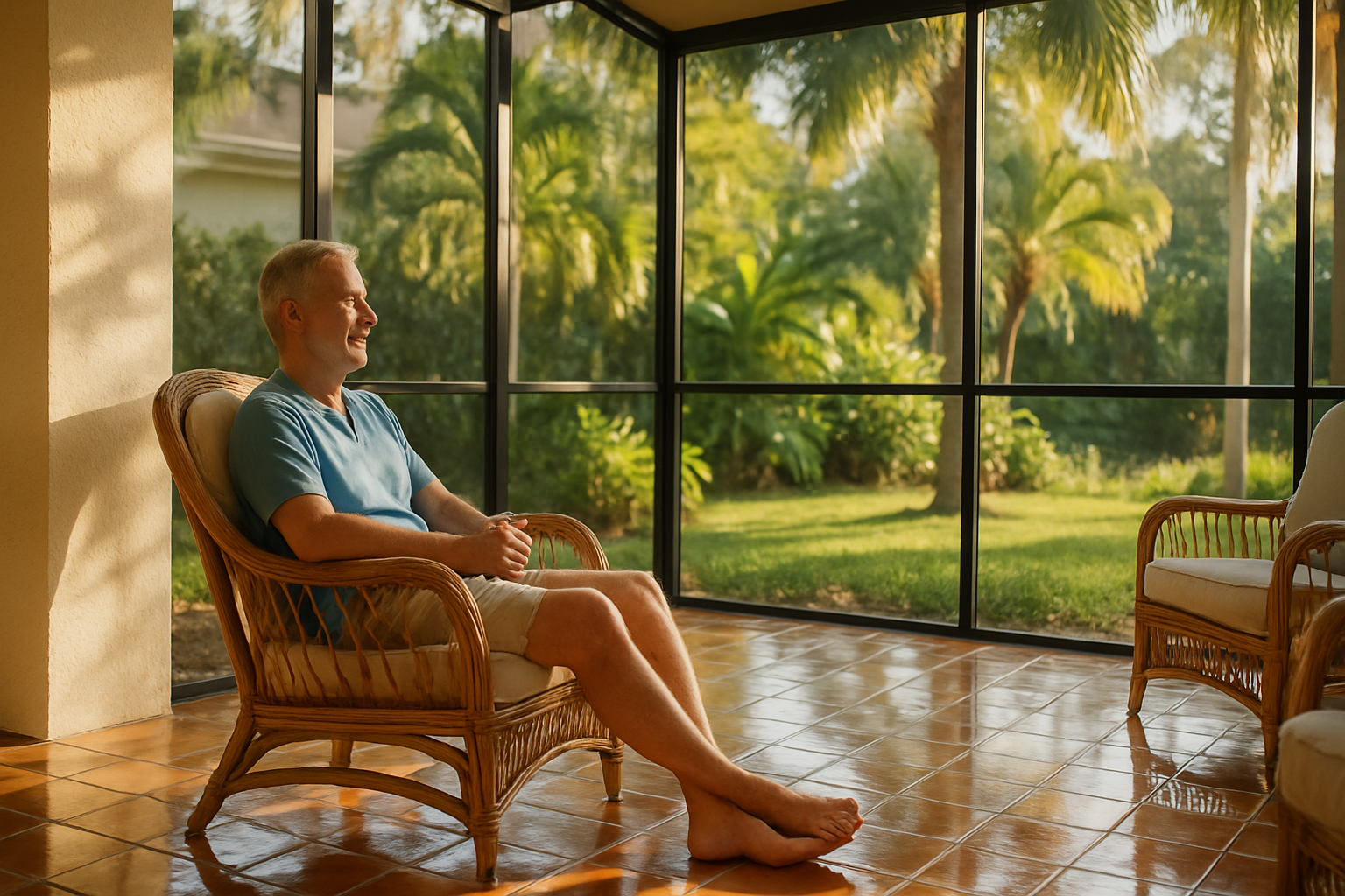 Tampa homeowner enjoying a freshly cleaned lanai with gleaming Spanish-style tile floors and a tropical screened porch backdrop