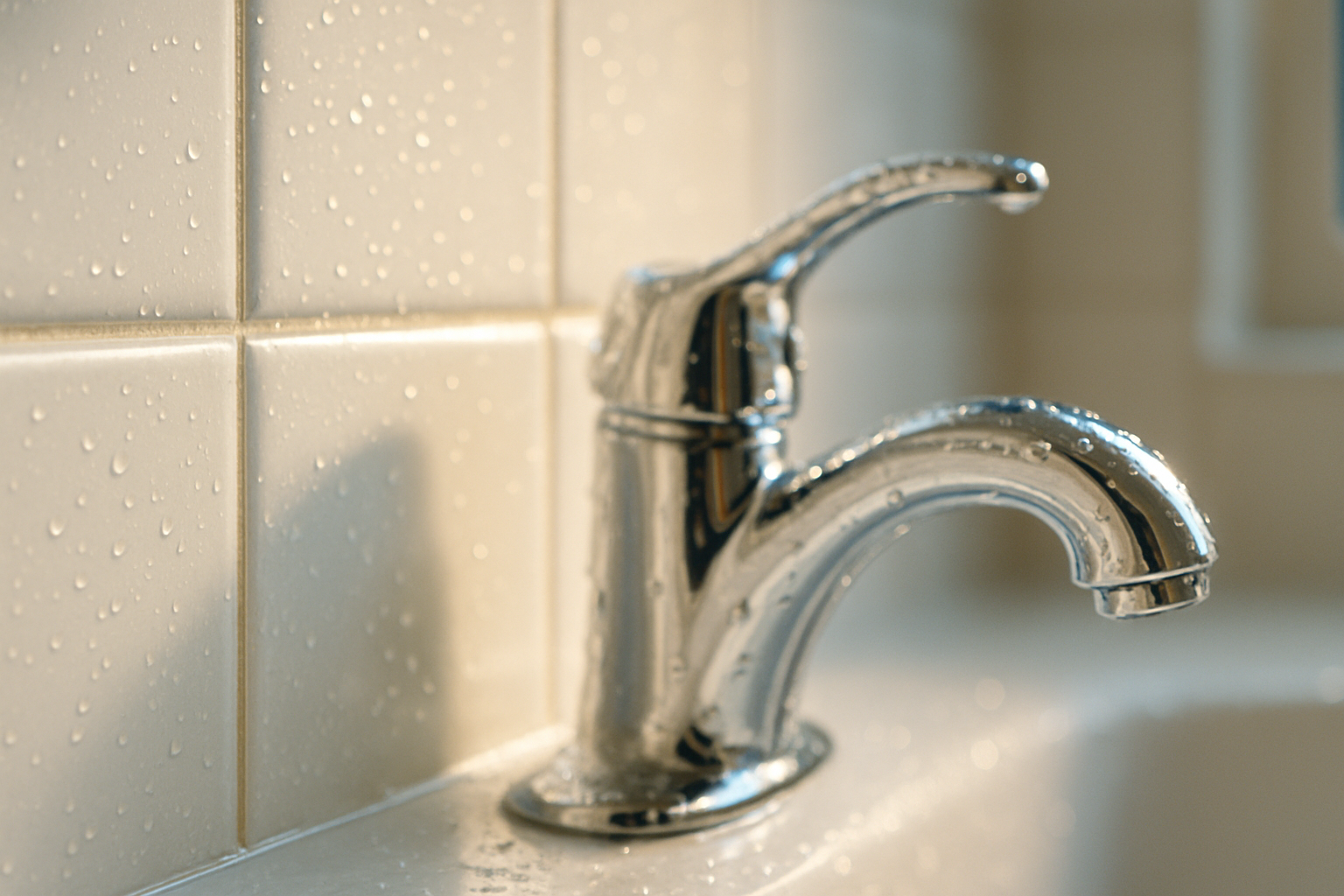 Close-up of freshly scrubbed bathroom tile grout and chrome faucet after a deep clean in a Tampa home