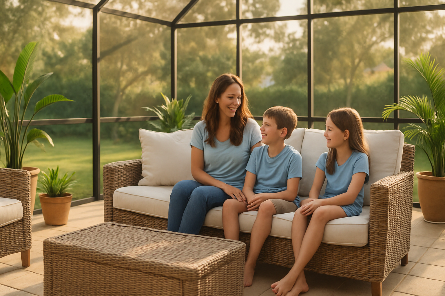 Mother and children enjoying a clean, organized Tampa Bay lanai after a mid-summer screen porch deep clean