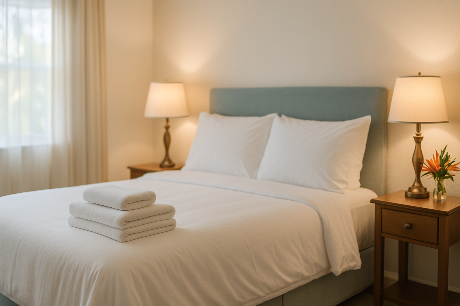 Hotel-quality guest room in a Tampa home with fresh white linens, warm lighting, and welcoming touches — guest room cleaning Tampa