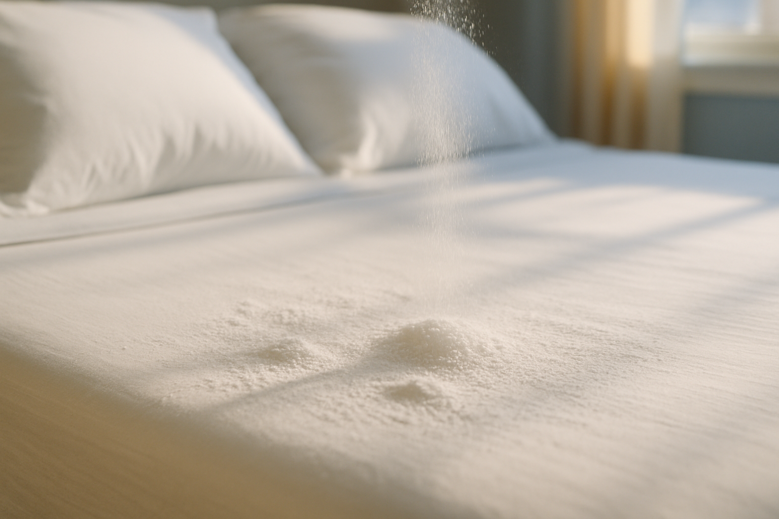 Close-up of a freshly cleaned guest room mattress with white linens and baking soda treatment to remove odors in a Tampa home