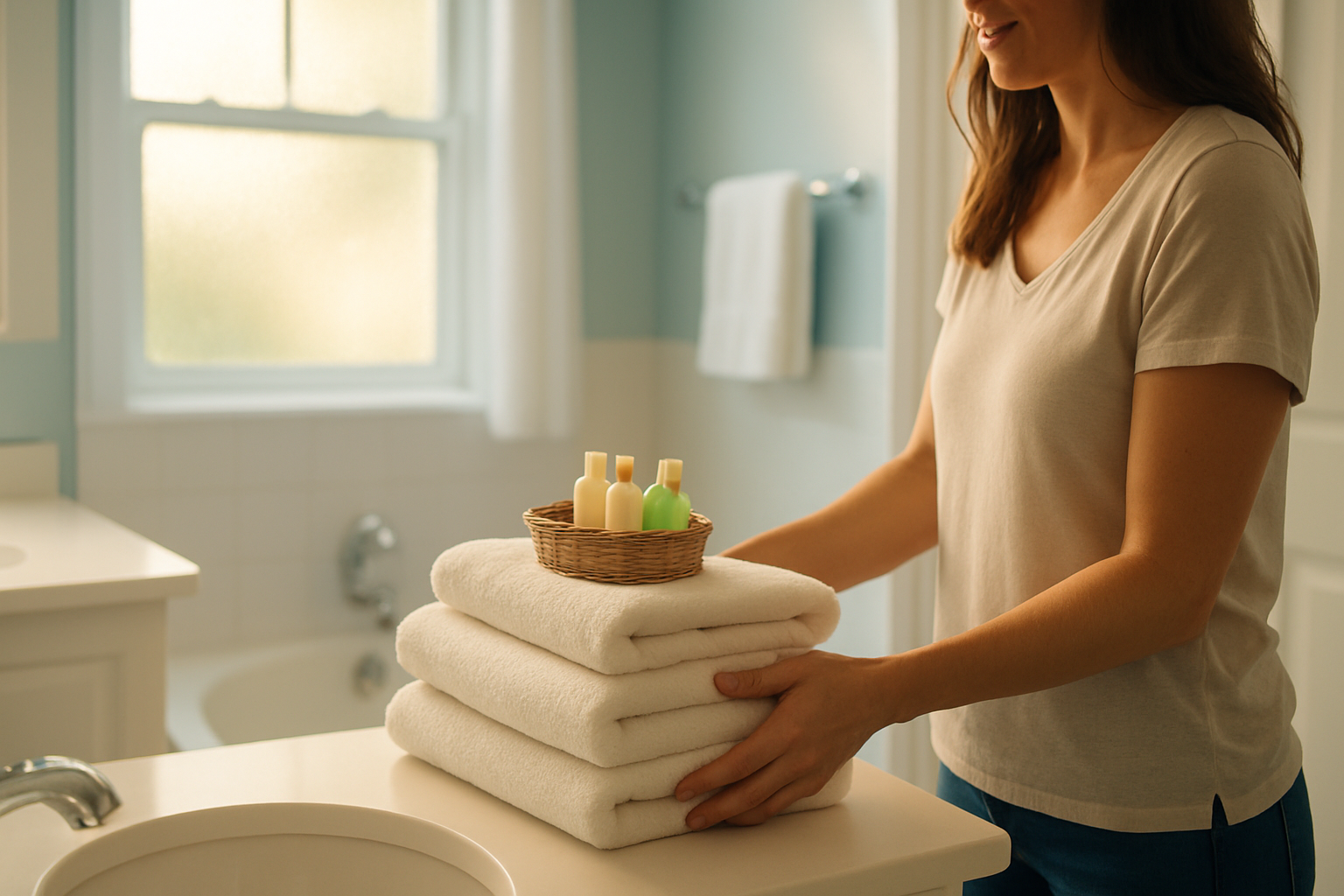 Woman arranging fresh towels and toiletries in a spotless Tampa Bay guest bathroom for arriving visitors