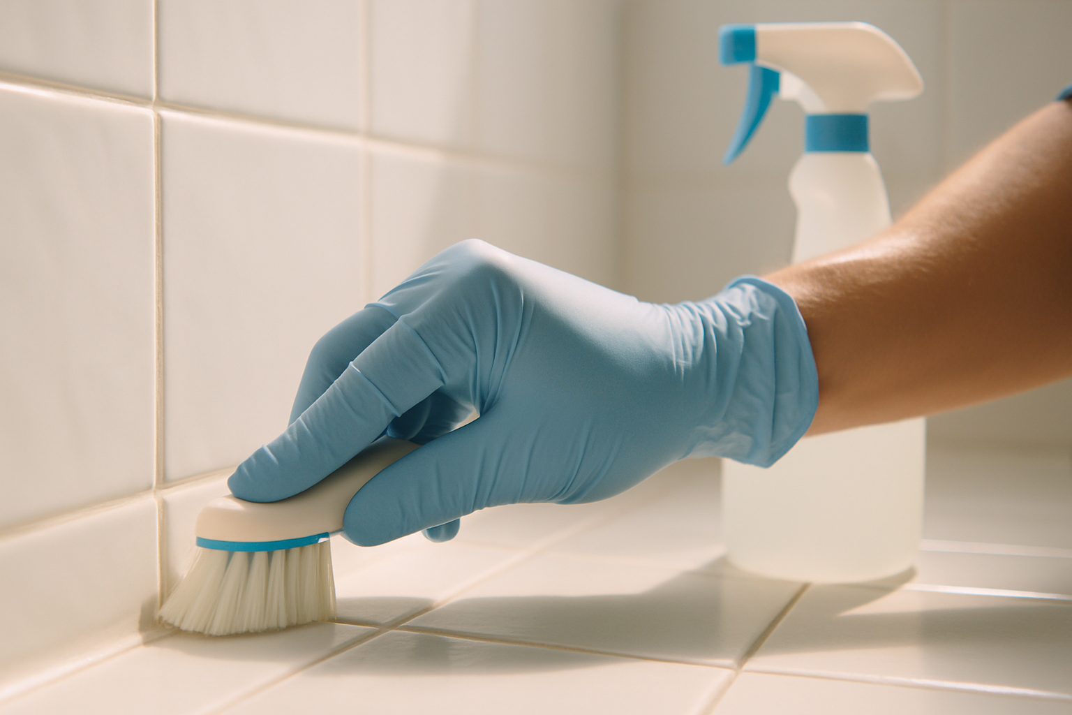 Close-up of professional grout scrubbing during a Tampa condo move-in cleaning service, gloved hands and disinfectant spray