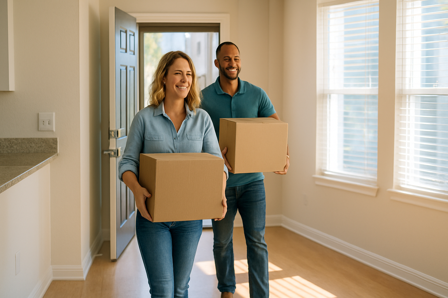 Happy couple moving into their freshly cleaned Tampa condo after a professional move-in cleaning service