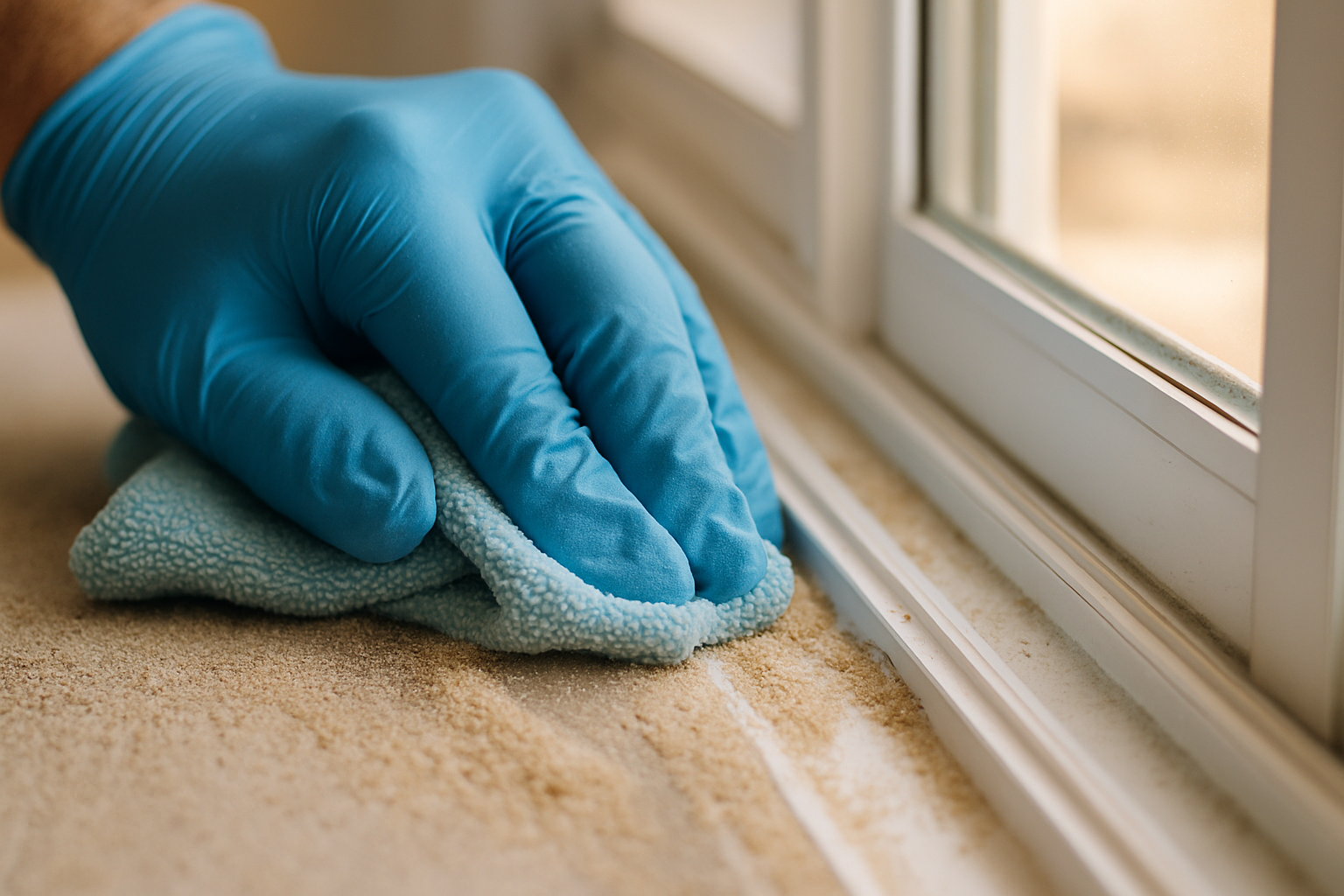 Close-up of a professional cleaner removing sand and salt film from a sliding door track in a Tampa Bay beach home
