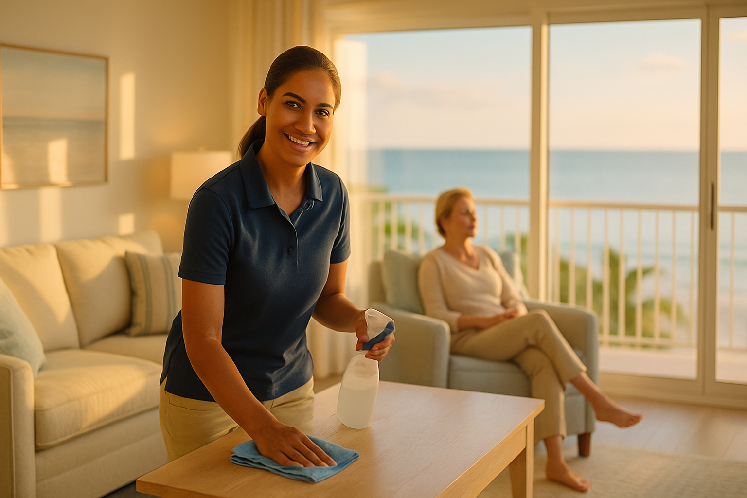 Professional cleaner finishing a bright Clearwater beach home living room at golden hour near Tampa