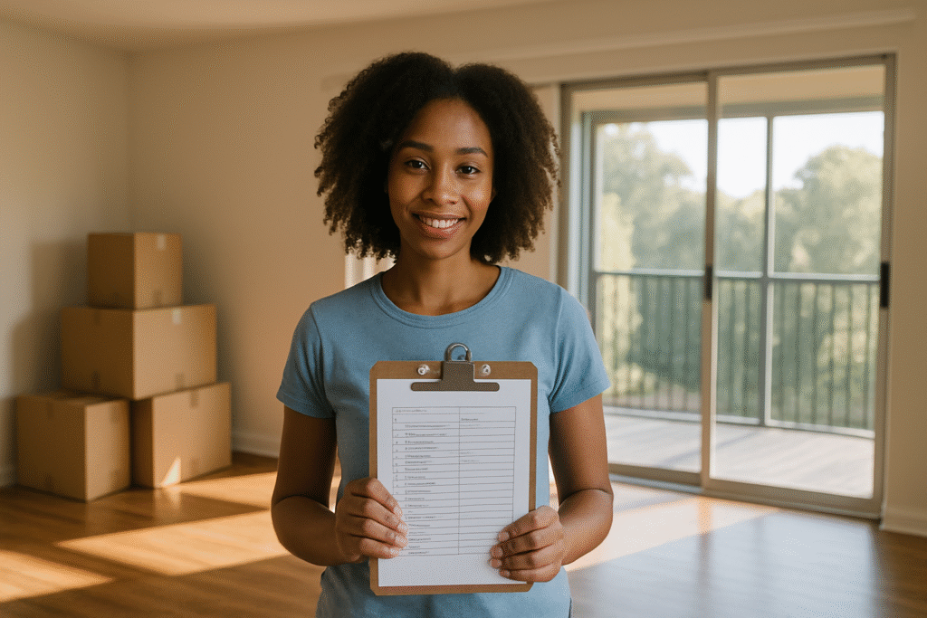 Tampa renter holding apartment move-out checklist in empty living room with moving boxes and sunlit lanai in background