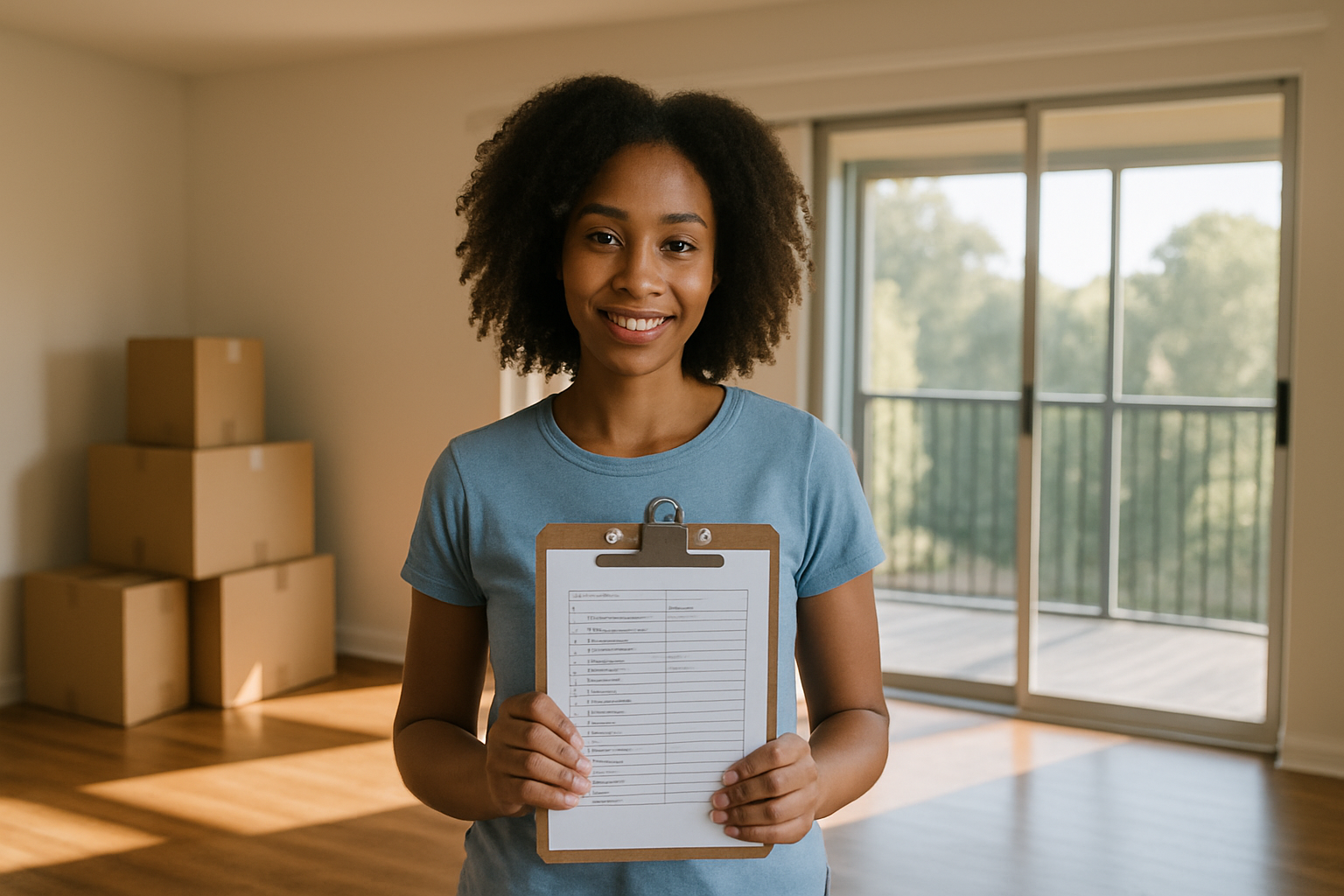 Tampa renter holding apartment move-out checklist in empty living room with moving boxes and sunlit lanai in background