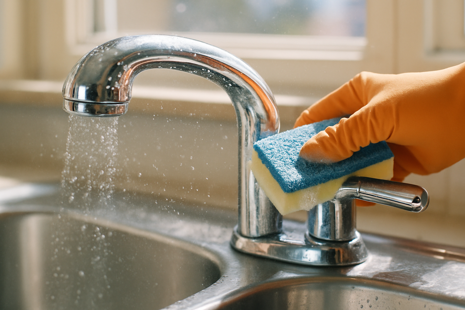 Close-up of Tampa apartment kitchen faucet being descaled, removing hard-water mineral deposits during move-out cleaning