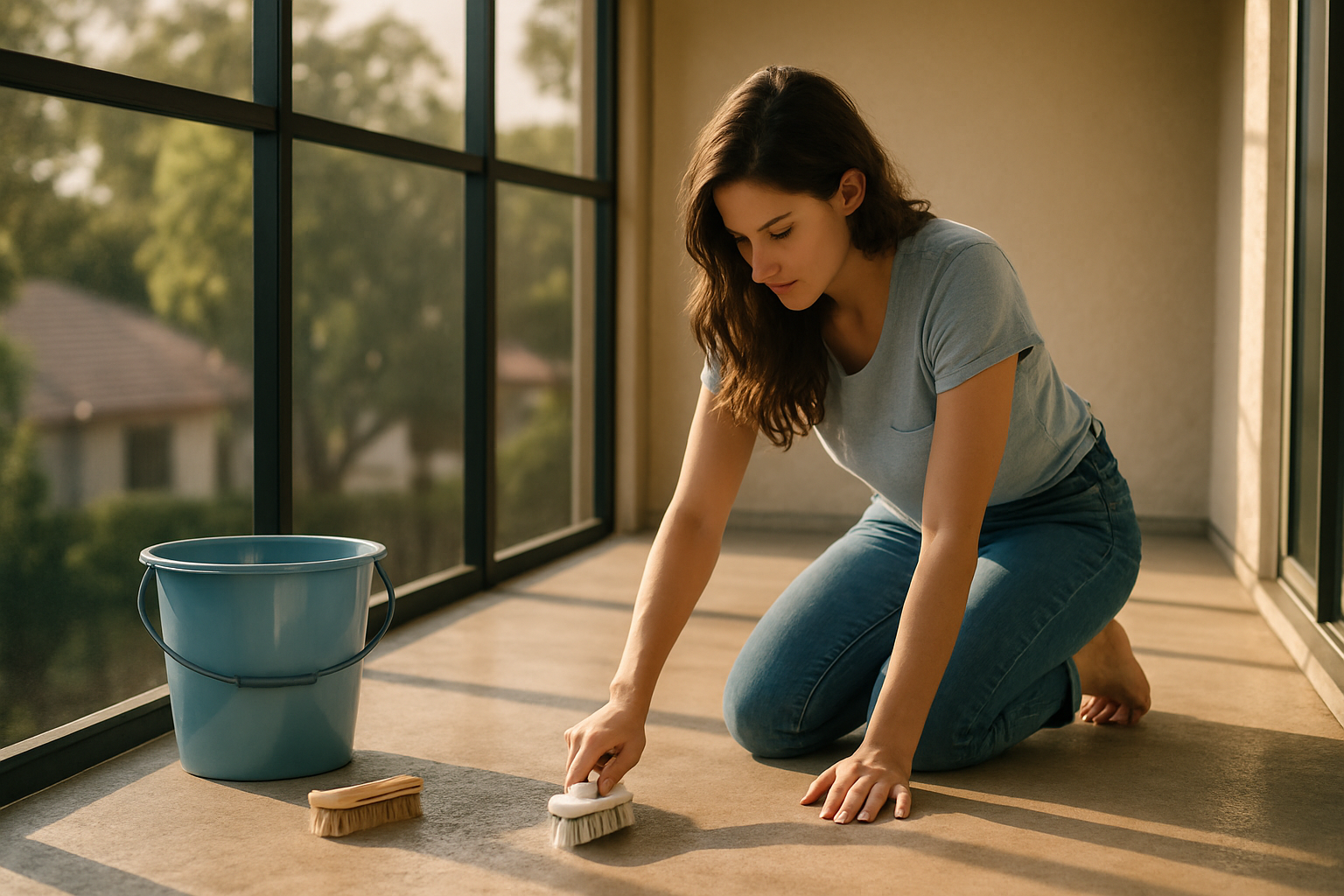 Woman scrubbing a screened lanai floor in a Tampa apartment during move-out cleaning in warm Florida afternoon light