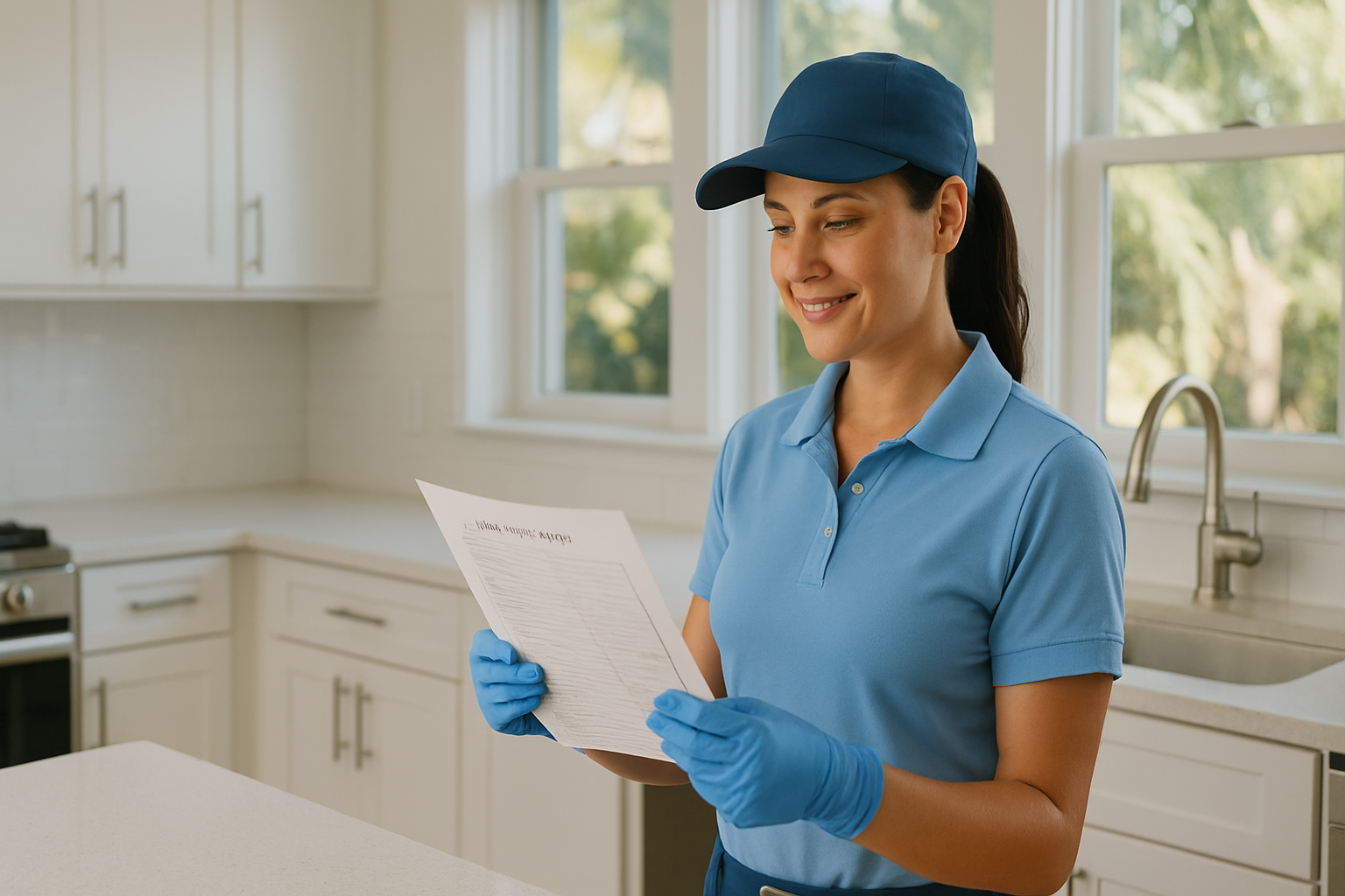 FG7 Cleaning professional reviewing a quality cleaning service checklist in a spotless Tampa kitchen with bright Florida sunlight