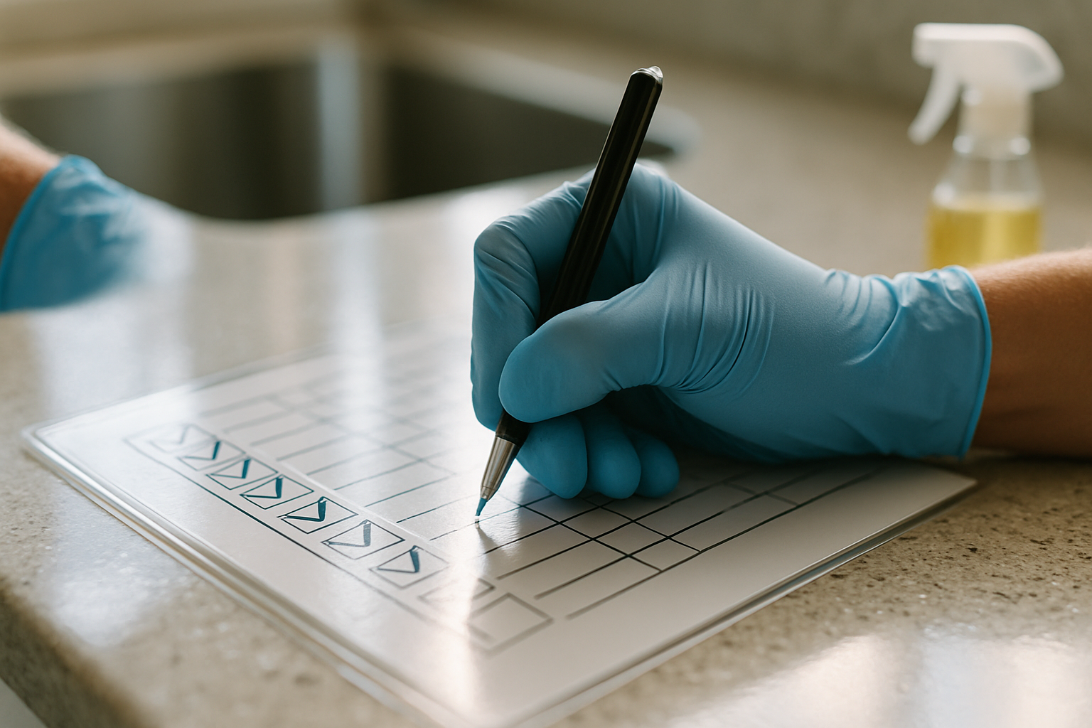 Close-up of a laminated cleaning checklist being completed on a sparkling Tampa home kitchen countertop during a professional clean