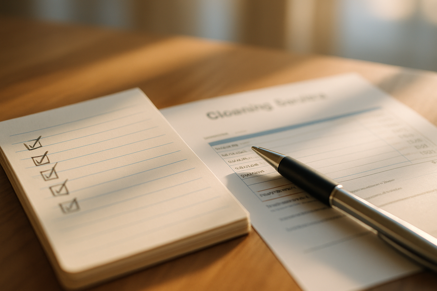 Close-up of a homeowner's checklist and cleaning service quote on a notepad in a Tampa home