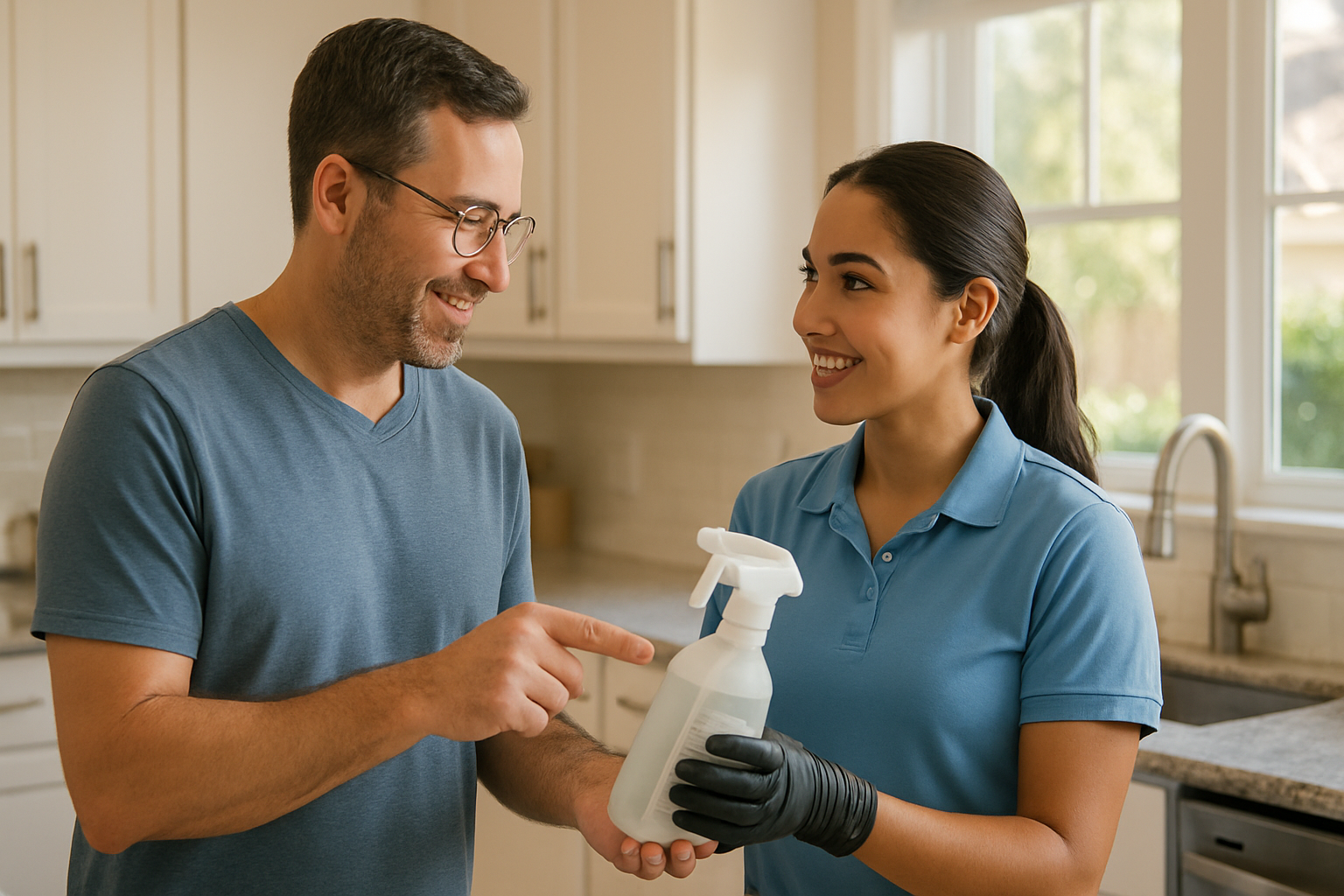 Tampa homeowner discussing eco-friendly cleaning products with a professional cleaner in a bright Florida kitchen