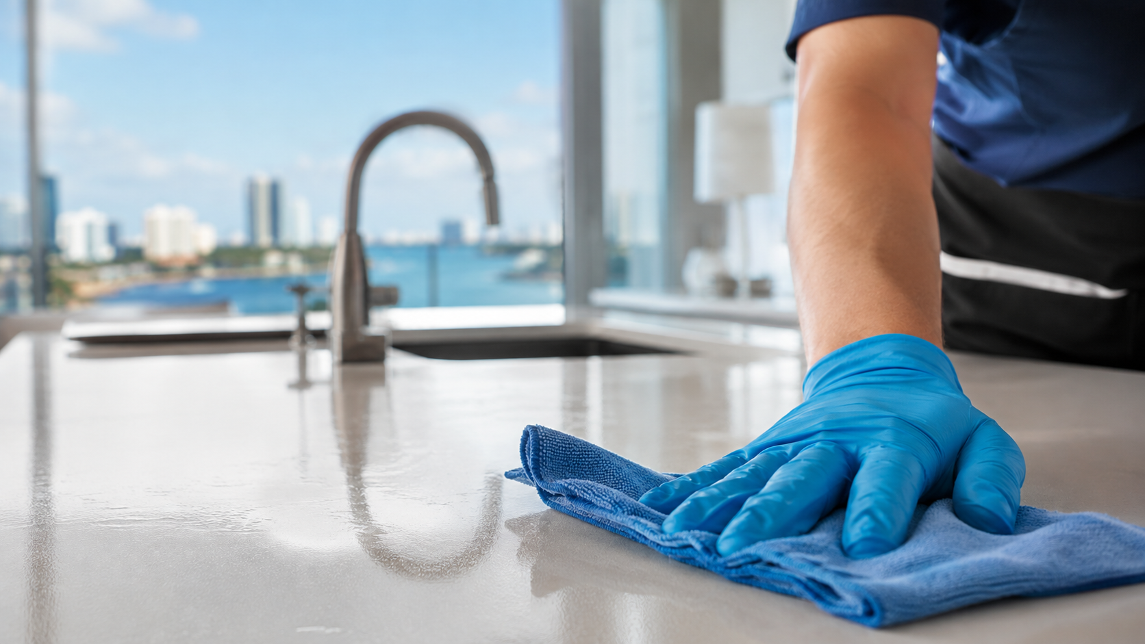 Close-up of a professional cleaner wiping a kitchen countertop in a St. Petersburg FL condo